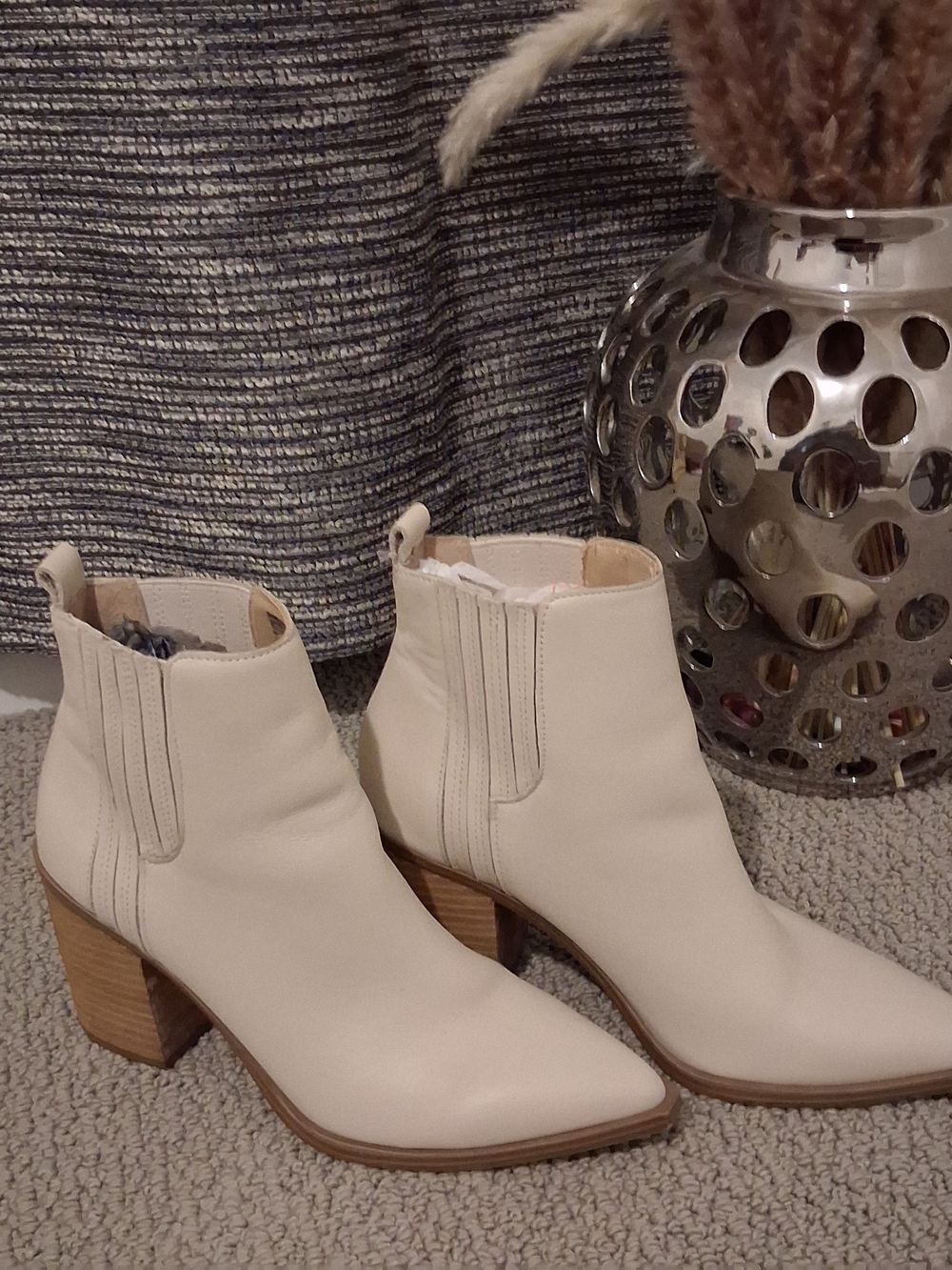 Steve Madden Cream Pointed-Toe Ankle Booties with Block Heel
